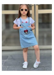 yns coolstar Minnie Print Jeans Salopet Gilet Dress with Shorts 2 Pieces Set