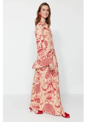  Modest فستان منسوج من القطن والفسكوز صيفي بتفاصيل عقدة وياقة منقوشة باللون الأحمر الكريمي TCTSS23EB00234