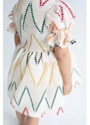 Magu Girl's Ecru Patterned Lined Cotton Dress