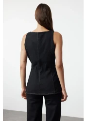  Collection Black Stitching Detail Zip Square Neck Denim Blouse Twoaw25Bz00005