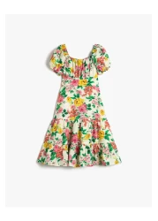 Koton فستان زهري متوسط الطول ذو أكمام قصيرة وياقة مربعة