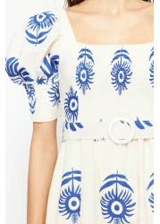  Collection Blue Patterned Square Neck Linen Look Belted Midi Woven Dress TWOSS24EL00779