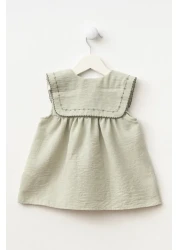 Minipodyum Baby Girl Collar Embroidered Bag Holiday Linen Dress