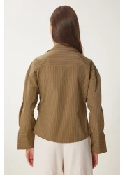 Happiness İstanbul بلوزة بوبلين قميص مخطط كاكي للنساء US00962