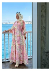 Aselim Hijap Moda فستان صيفي منقوش عرقيًا | زر وقص مريح باللون الوردي