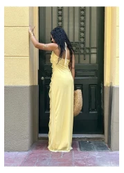 moneta boutique فستان نسائي بتصميم طويل وربطة عنق مكشكشة