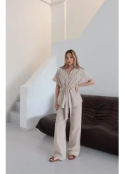 Laluvia Natural Buttoned Belted Blouse Trousers Set - 7207