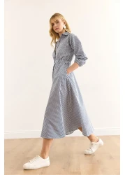 Olalook فستان قميص طويل بخصر مطاطي باللون الأزرق الداكن للنساء ELB-19002398