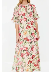  Modest Ecru Chiffon Evening Dress - Floral Pattern, TCTSS24EB00007