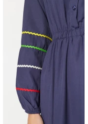  Modest Navy Blue Stripe Detailed Half Placket Cotton Woven Dress TCTSS23EB00302