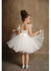 black white wedding Girl's White Fluffy Dress Birthday Dress with Lace Detail