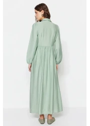  Modest فستان كاكي فاتح مزين بالدانتيل والشريط من الكتان المنسوج TCTSS23EB00272