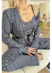 Pijamaevi Smoked Mini Point Patterned Bamboo Dressing Gown Women's Pajamas Set