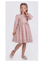 Pina Kids فستان بناتي بأكمام طويلة وأكمام مطاطية وتفاصيل شريطية ELB.2774