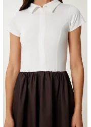 Lovelyİstanbul فستان بتنورة بوبلين مع جزء علوي محبوك مرن باللون البني الداكن LFN0099