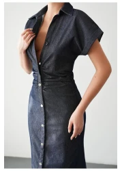 Bak'ap Denim Jeans Shirring Detailed Buttoned Maxi Short Sleeve Long Dress