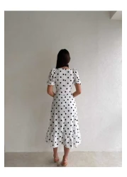 COOLGİRLS Women's White Polka Dot Patterned Square Collar Lined Maxi Long Length Premium Dress