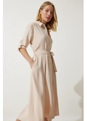 Happiness İstanbul فستان قميص بحزام كريمي للنساء DD01256