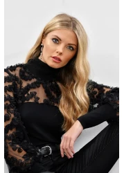 Cool & Sexy Women's Black Sleeves Tulle Ruffle Accessory Blouse BK894