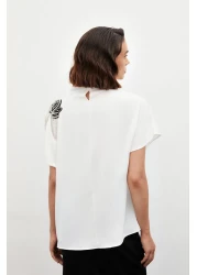 Sateen Casual Blouse with One Shoulder Accessory - Ecru