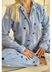 Pijamaevi Blue Pine Patterned Front Buttoned Plush Fleece Pajama Set