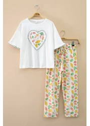 Cansın Mini طقم بناتي بنطال منقوش بأوراق إكرو تي شيرت كبير الحجم 20228