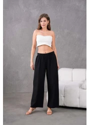 MVStore بنطال نسائي من الكتان ذو خصر مطاطي وواسع الساق ومريح