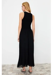  Collection Black Maxi Halter Collar Lined Knitted Woven Mixed Dress TWOSS24EL00143