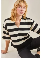 Bianco Lucci سترة نسائية محبوكة كبيرة الحجم مخططة بياقة بولو