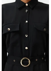  Modest Black Gold Button Detailed Woven Shirt Dress TCTSS24EB00132