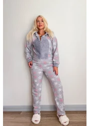 Pijamaevi Gray Snowflake Patterned Women's Fleece Plush Jumpsuit Pajamas