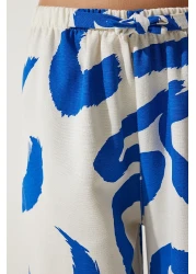 Happiness İstanbul Women's White Blue Patterned Raw Linen Palazzo Trousers BH00397