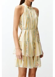  Collection Yellow Floral Print A-Line Layered Lined Chiffon Flight Flight Woven Mini Dress Twoss23El02056