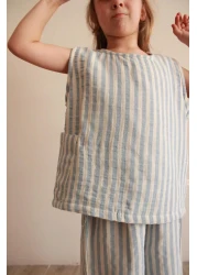 Oh La La Koala For Little Ones طقم موسلين بجيوب غير متماثلة مخططة باللون الأزرق