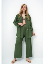 Trend Alaçatı Stili بدلة سفاري كاكي بجيب مزدوج للسيدات وبنطلون Aerobin واسع الساق بخصر مطاطي Ymx8448
