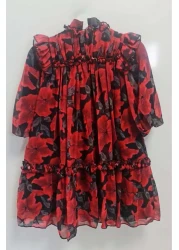 Riccotarz فستان بناتي بياقة مكشكشة وأكتاف مكشكشة ومطرز بالزهور باللون الأحمر