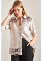 Bianco Lucci قميص مطوية بأكمام منقوشة من الدانتيل للنساء