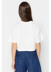  Collection Ecru Crew Neck Crop Knitted T-Shirt - 100% Cotton, Wide Fit TWOSS23TS00369