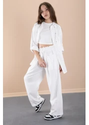 Cansın Mini White Girl's Croplu Stone Shirt and Pants 3 Piece Set 20468