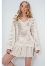 Trend Alaçatı Stili بلوزة تريكو صيفية مخرمة برقبة قارب فانيليا للسيدات ALC-X10640