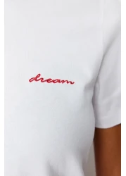  Collection White 100% Cotton Slogan Embroidered Regular Fit Knitted T-Shirt TWOSS24TS00097