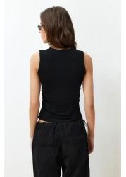  Collection Black Solid Square Neck Straps Shirred Fitted/Fitted Stretchy Knitted Blouse Twoss24Bz00400