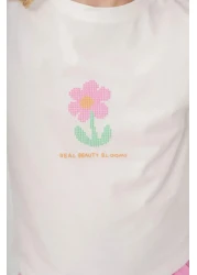 Magu Girl's Cotton White Floral Printed T-Shirt and Pink Pocket Pants Set