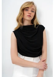 Trend Alaçatı Stili Women's Black High Collar Shoulder Draped Sleeveless Sandy Blouse ALC-X10021
