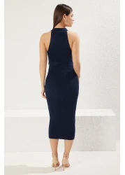  Collection Navy Blue Belt Detailed Knitwear Midi Dress Twoss22El1031