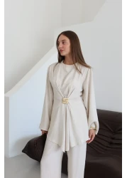 Laluvia طقم بنطلون بلوزة ببروش ذهبي طبيعي - 8759