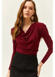 Olalook بلوزة نسائية بياقة مطوية مبطنة باللون الأحمر الداكن BLZ-19002419