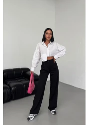 CNRCollection بنطلون بالازو نسائي أسود عالي الخصر مطوي بأزرار من الليكرا قابل للتمدد مقاس كبير غير رسمي