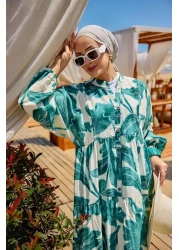 LOCCO فستان نسائي منقوش بأوراق الشجر باللون الأخضر