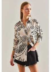 Bianco Lucci Women's Large Leaf Patterned Casual Linen Shirt60101021